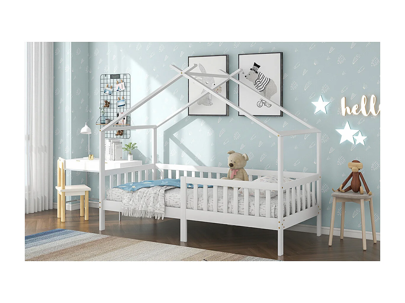 Lit cabane en bois massif avec barrière, blanc (200x90 cm)