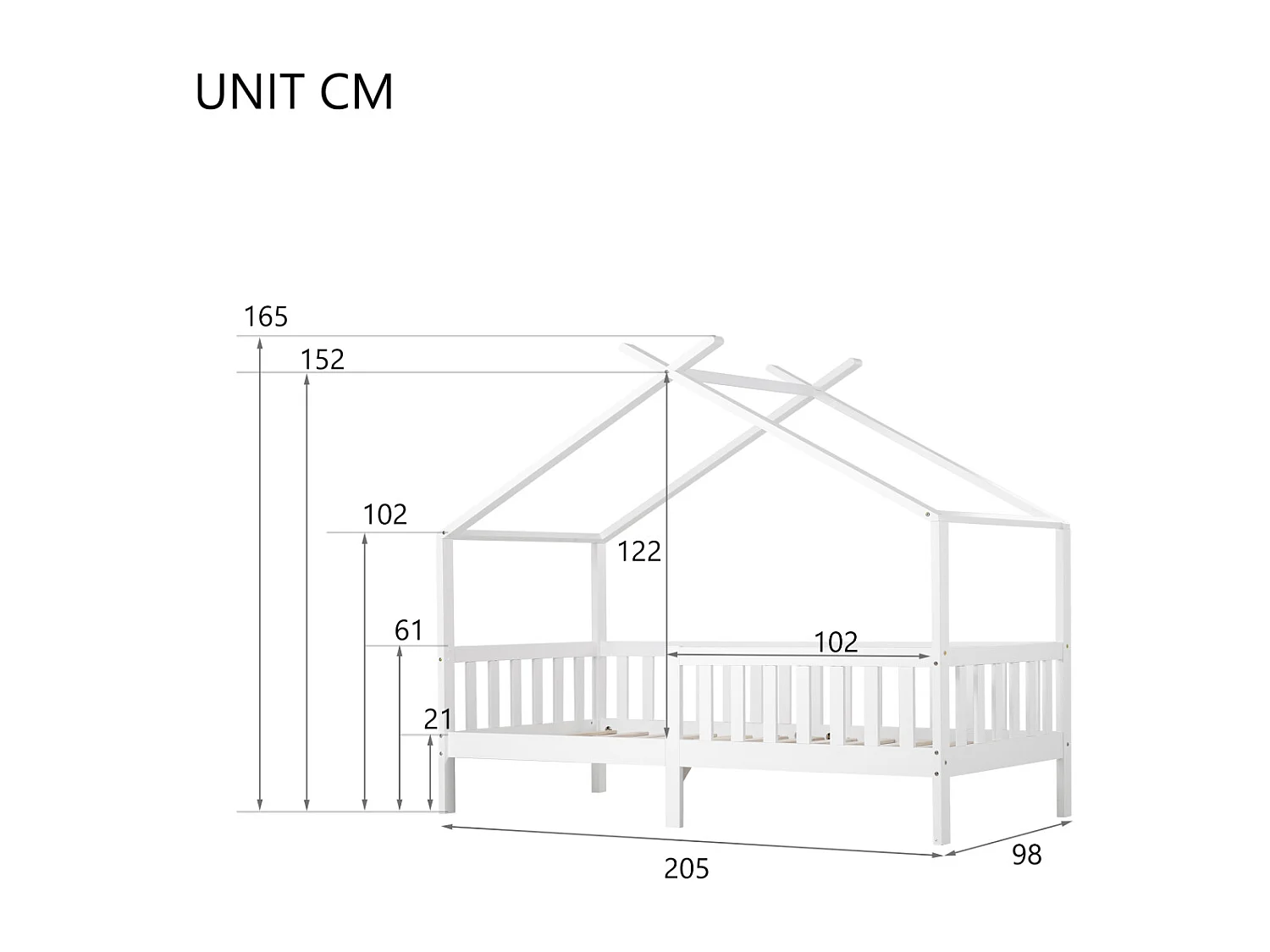 Lit cabane en bois massif avec barrière, blanc (200x90 cm)