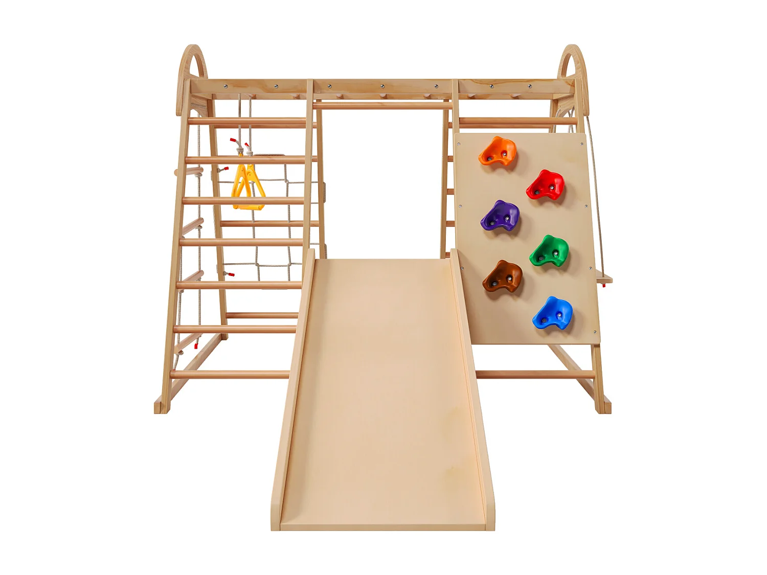 Struttura da arrampicata multifunzione 7 in 1: altalena, scala, scivolo, rete, pietra, anelli, casetta. Legno massello.