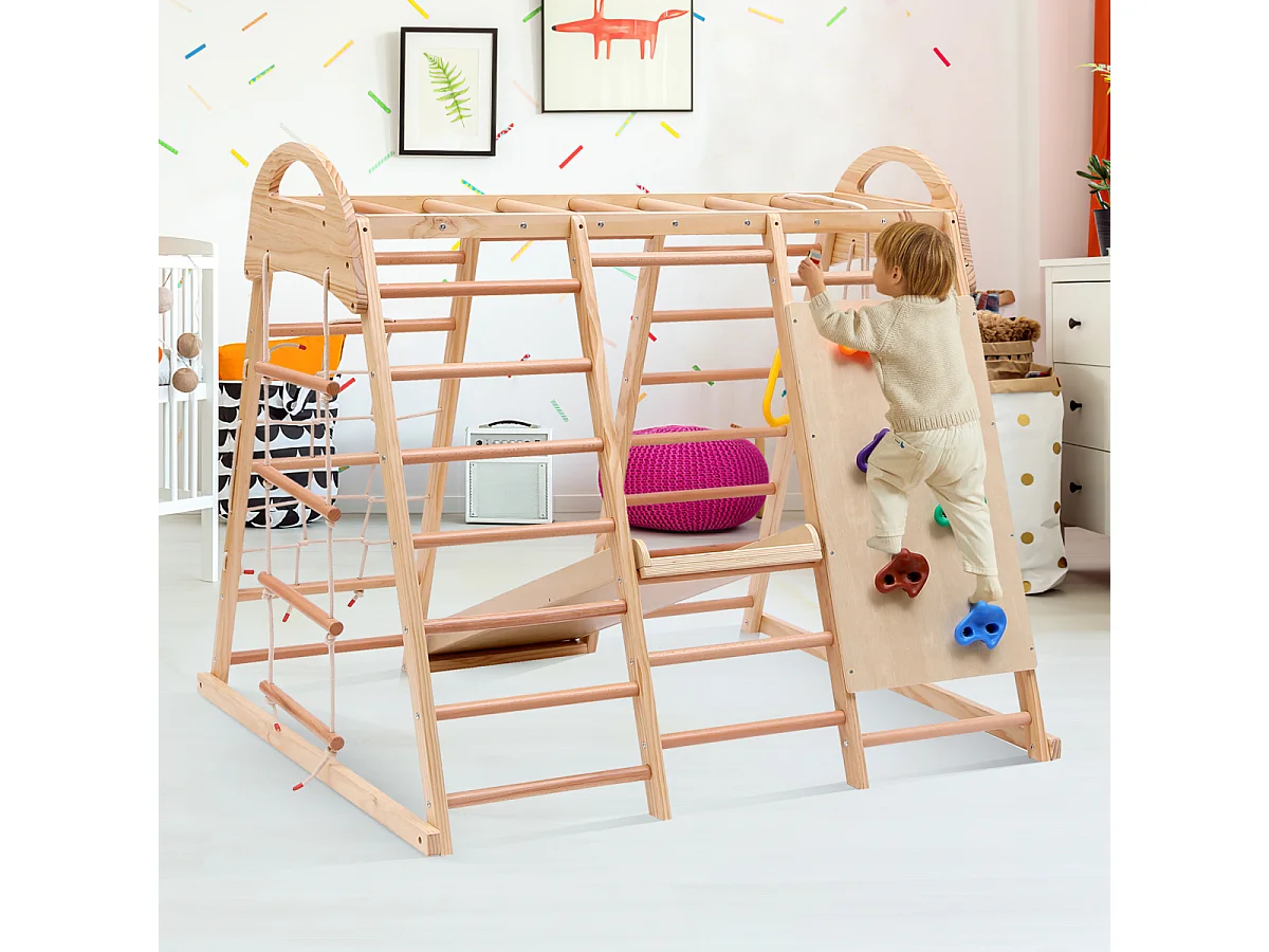 Struttura da arrampicata multifunzione 7 in 1: altalena, scala, scivolo, rete, pietra, anelli, casetta. Legno massello.