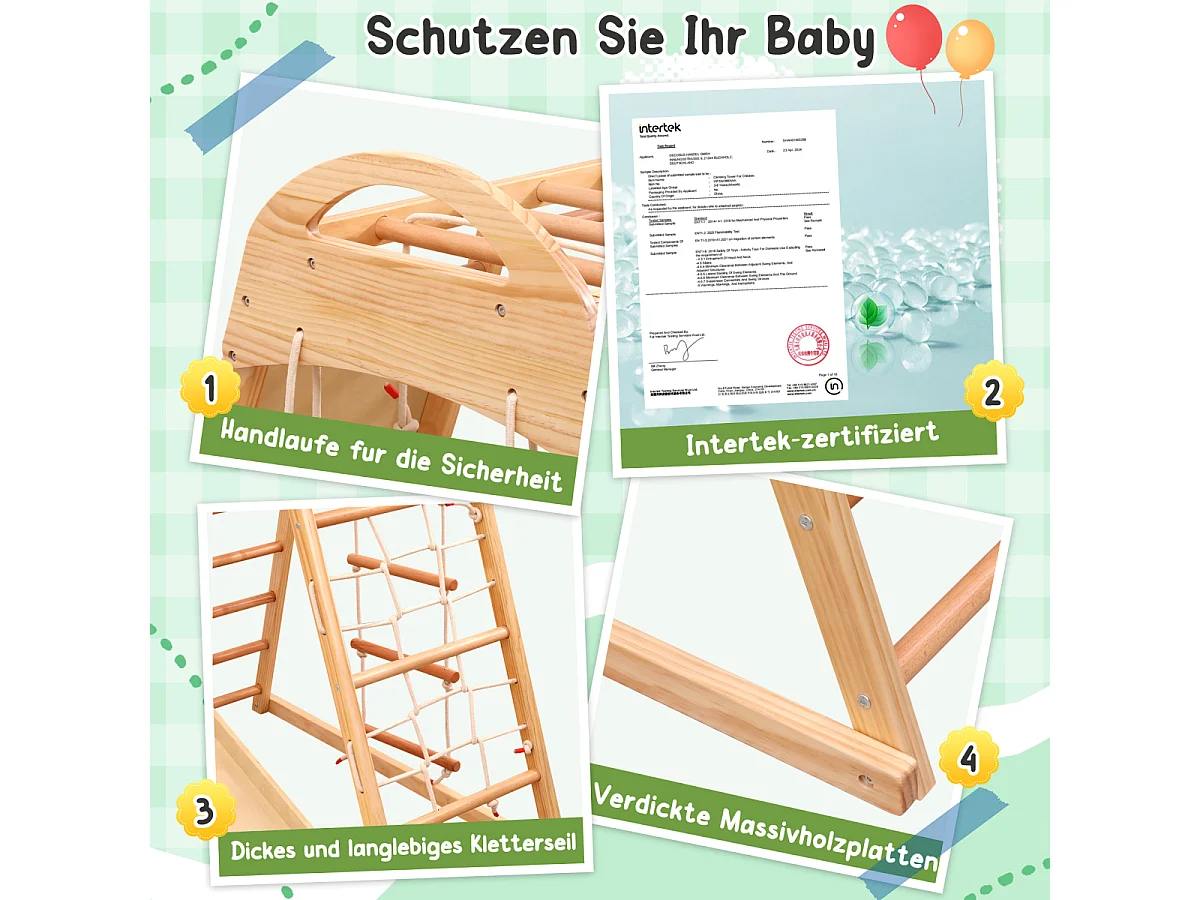 Struttura da arrampicata multifunzione 7 in 1: altalena, scala, scivolo, rete, pietra, anelli, casetta. Legno massello.