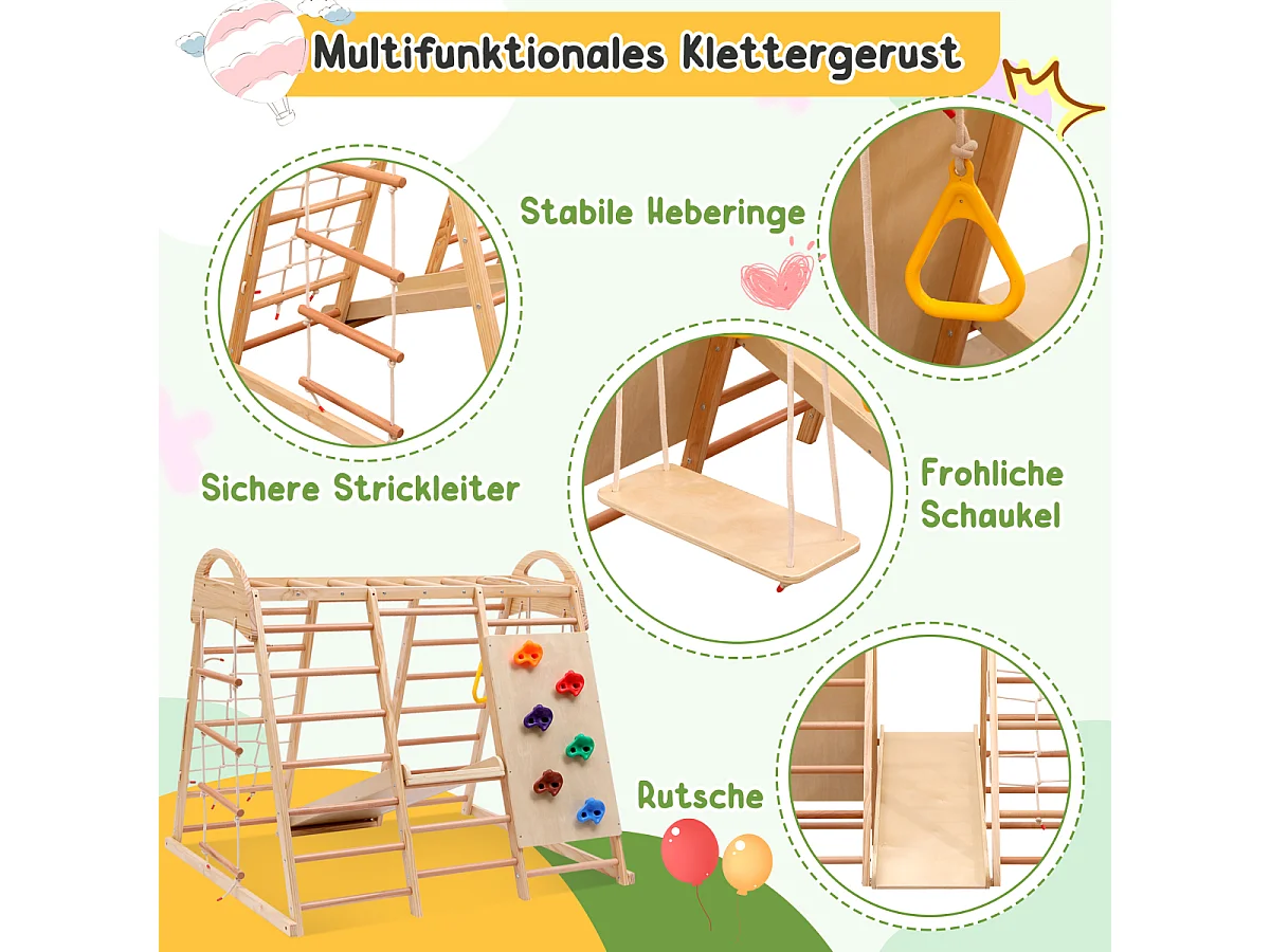 Struttura da arrampicata multifunzione 7 in 1: altalena, scala, scivolo, rete, pietra, anelli, casetta. Legno massello.
