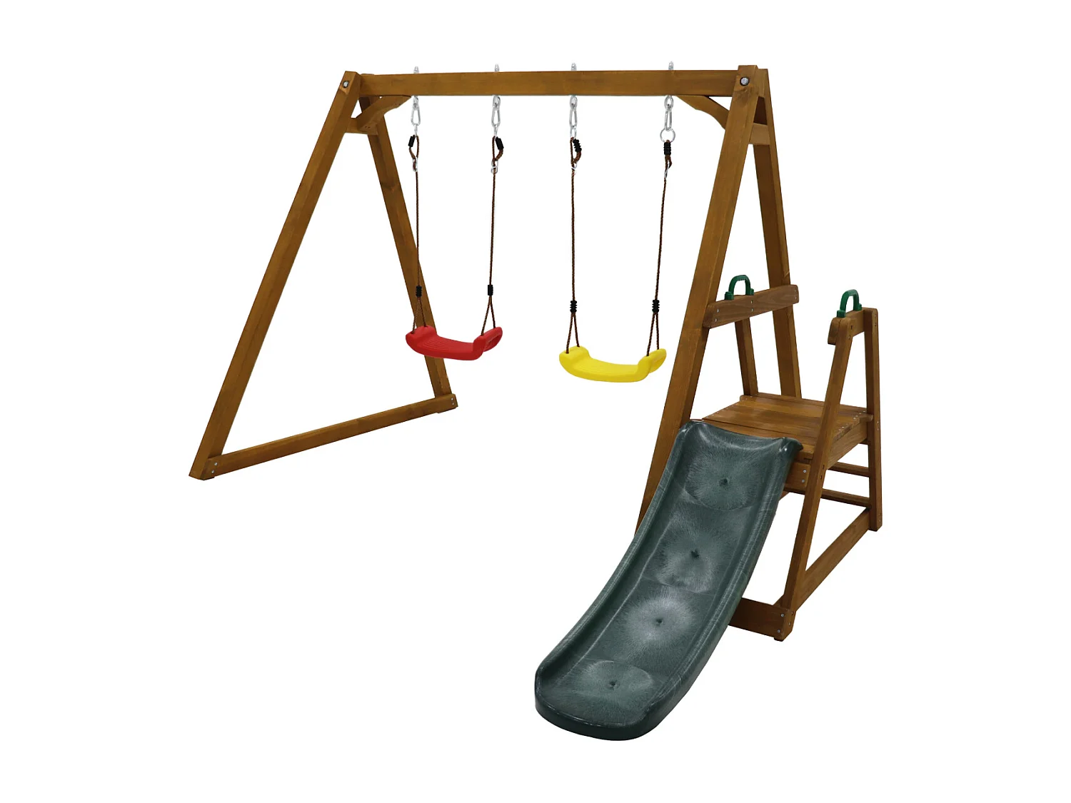 Robusta altalena doppia in legno con scivolo e scaletta di risalita (238,5x240x168,9cm)