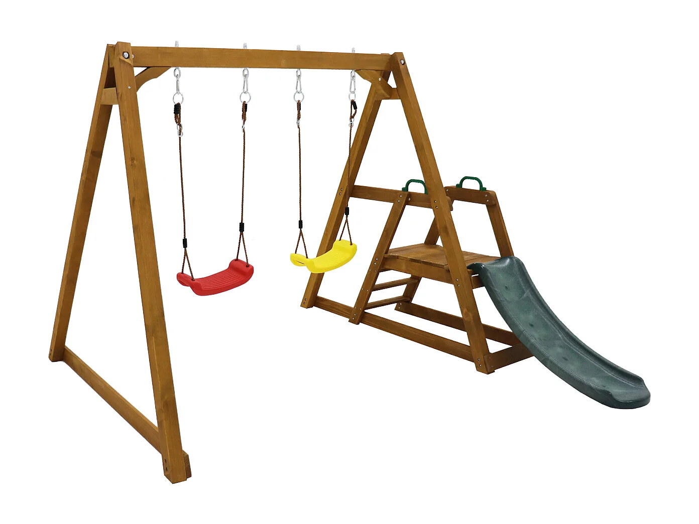Robusta altalena doppia in legno con scivolo e scaletta di risalita (238,5x240x168,9cm)