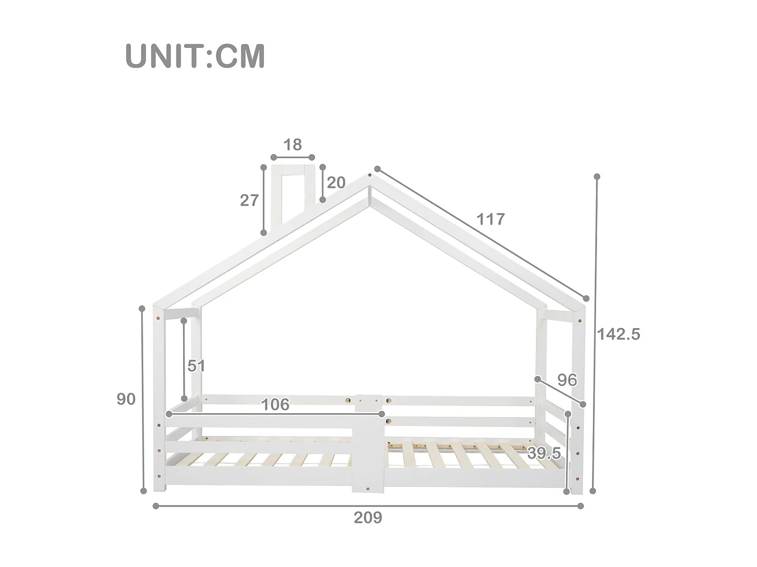 Lit cabane pour enfant avec cheminée, protection antichute, cadre à lattes robuste, bois de pin, 90x200 cm, blanc (sans matelas)