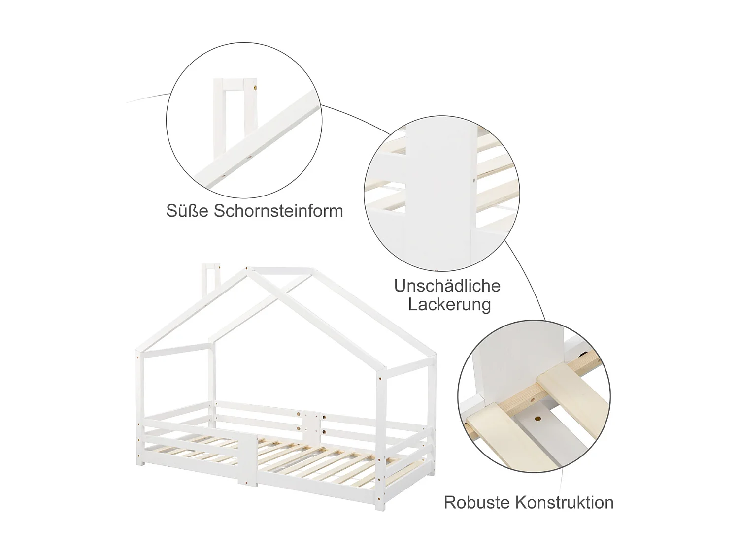 Lit cabane pour enfant avec cheminée, protection antichute, cadre à lattes robuste, bois de pin, 90x200 cm, blanc (sans matelas)
