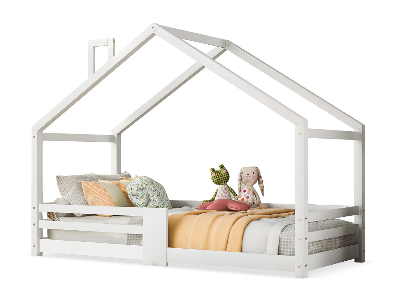 Lit cabane pour enfant avec cheminée, protection antichute, cadre à lattes robuste, bois de pin, 90x200 cm, blanc (sans matelas)