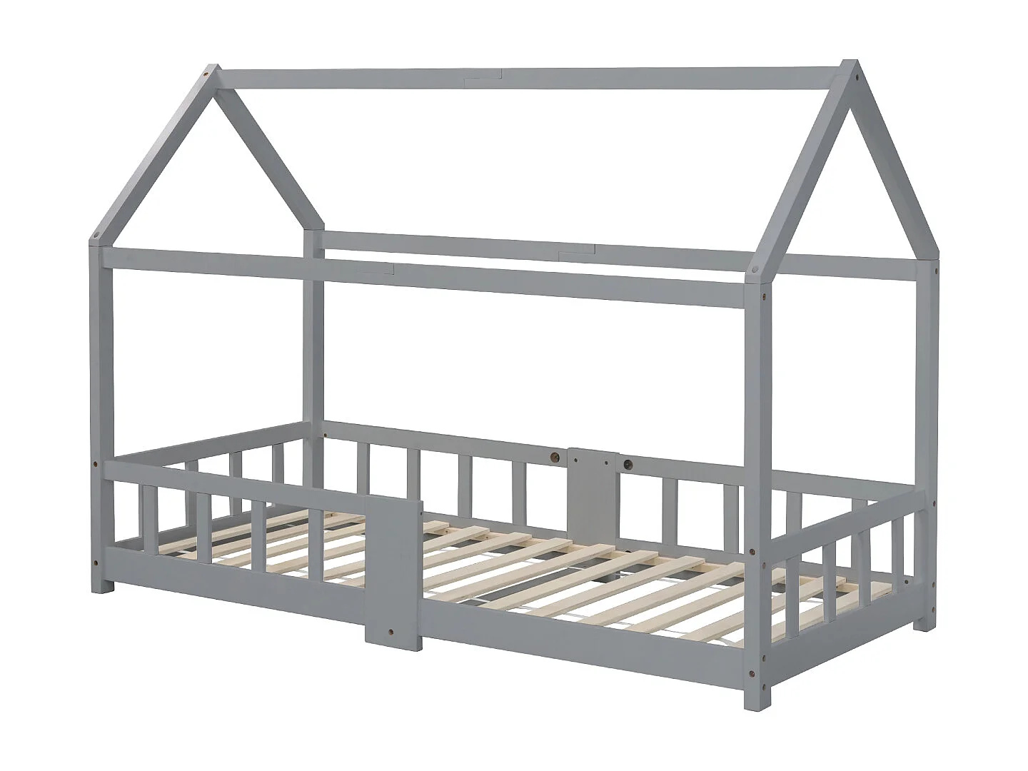 Cama infantil tipo casita de 90x200 cm, madera de pino con pizarra, somier de láminas, protección anticaída (sin colchón)