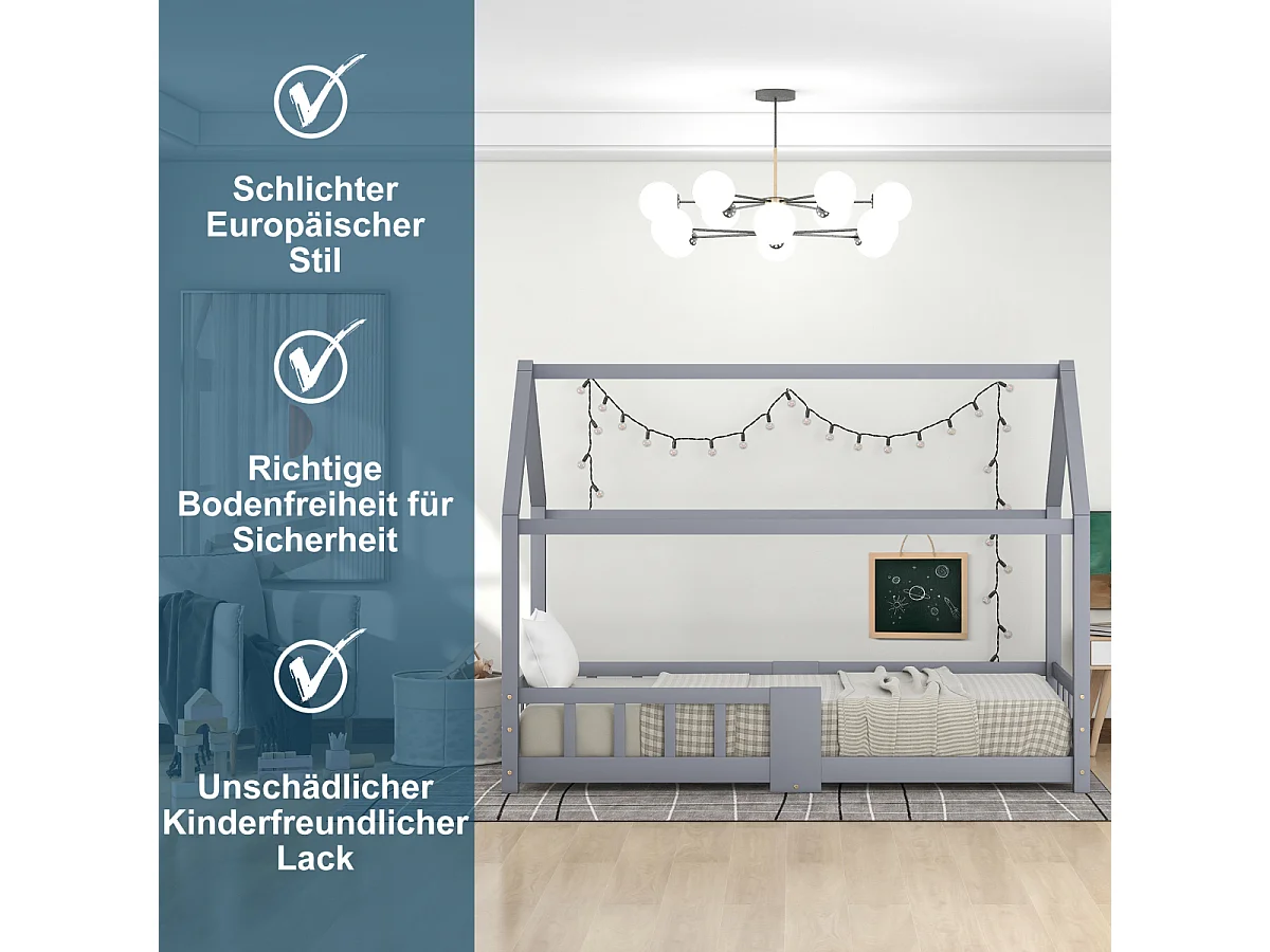 Cama infantil tipo casita de 90x200 cm, madera de pino con pizarra, somier de láminas, protección anticaída (sin colchón)