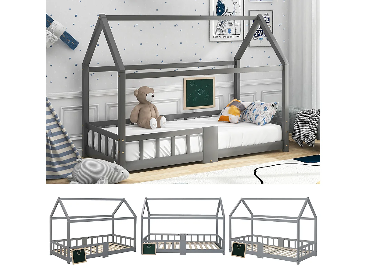 Cama infantil tipo casita de 90x200 cm, madera de pino con pizarra, somier de láminas, protección anticaída (sin colchón)