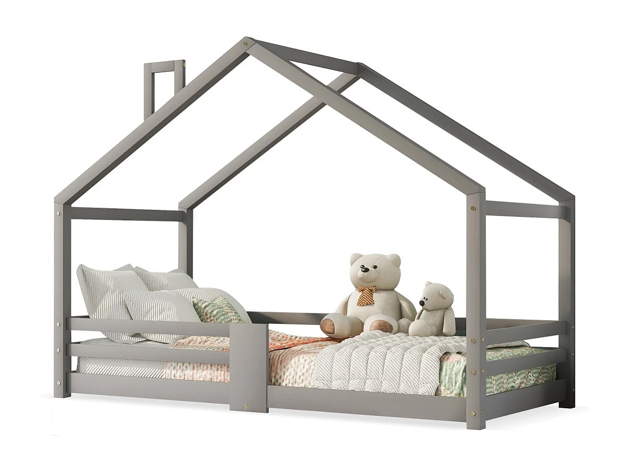 Cama infantil tipo casita con chimenea y protección anticaídas, madera de pino, 90x200 cm, color gris (sin colchón)