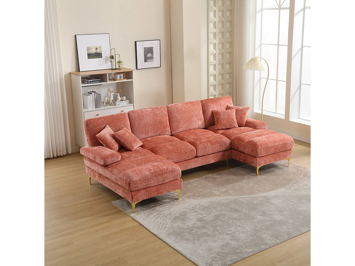 Divano moderno a U in ciniglia con doppi sedili reclinabili, ROSA