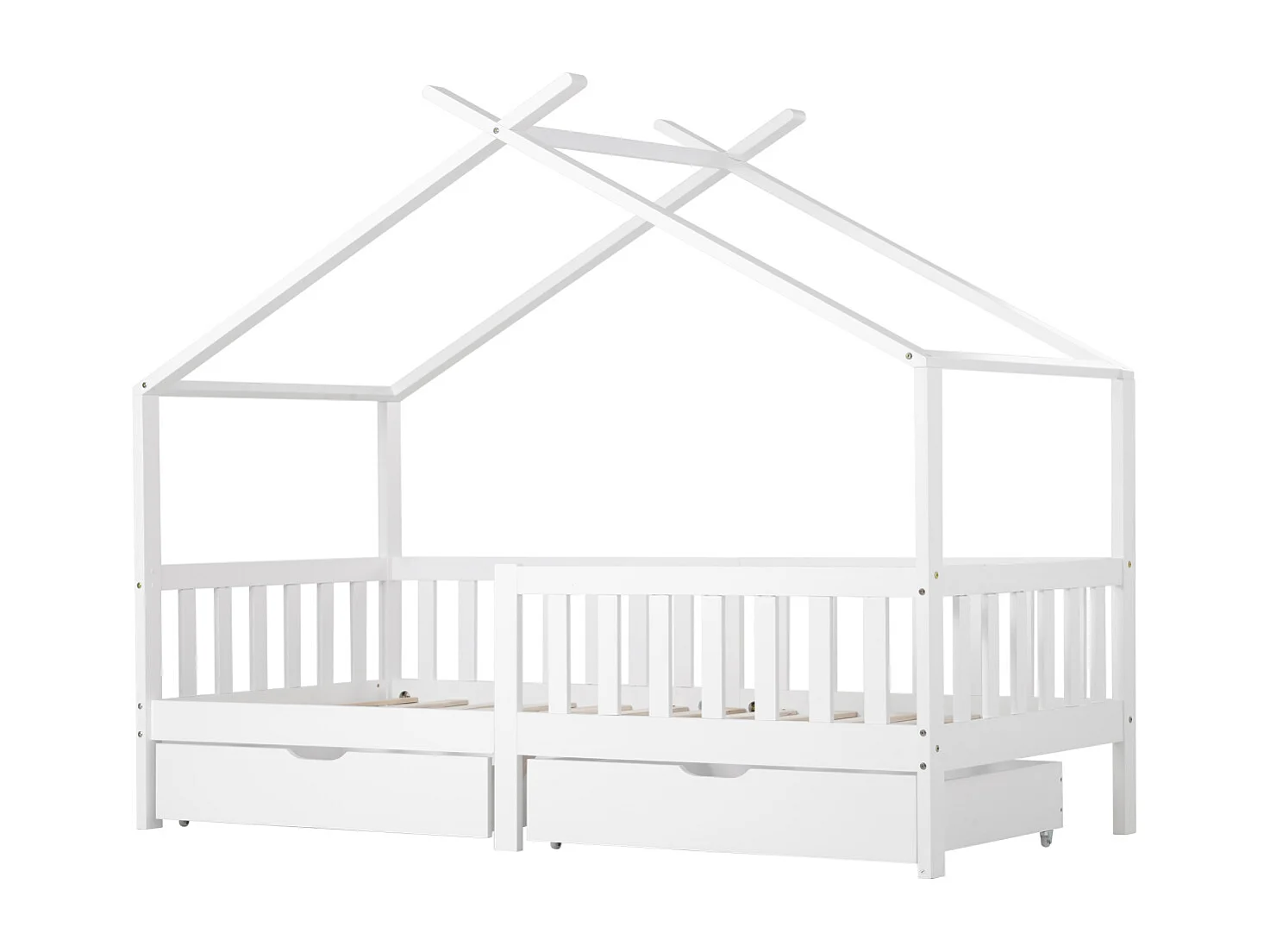 Preciosa cama de casita con cajones, madera maciza, valla, protección anticaídas, color blanco (200x90 cm)