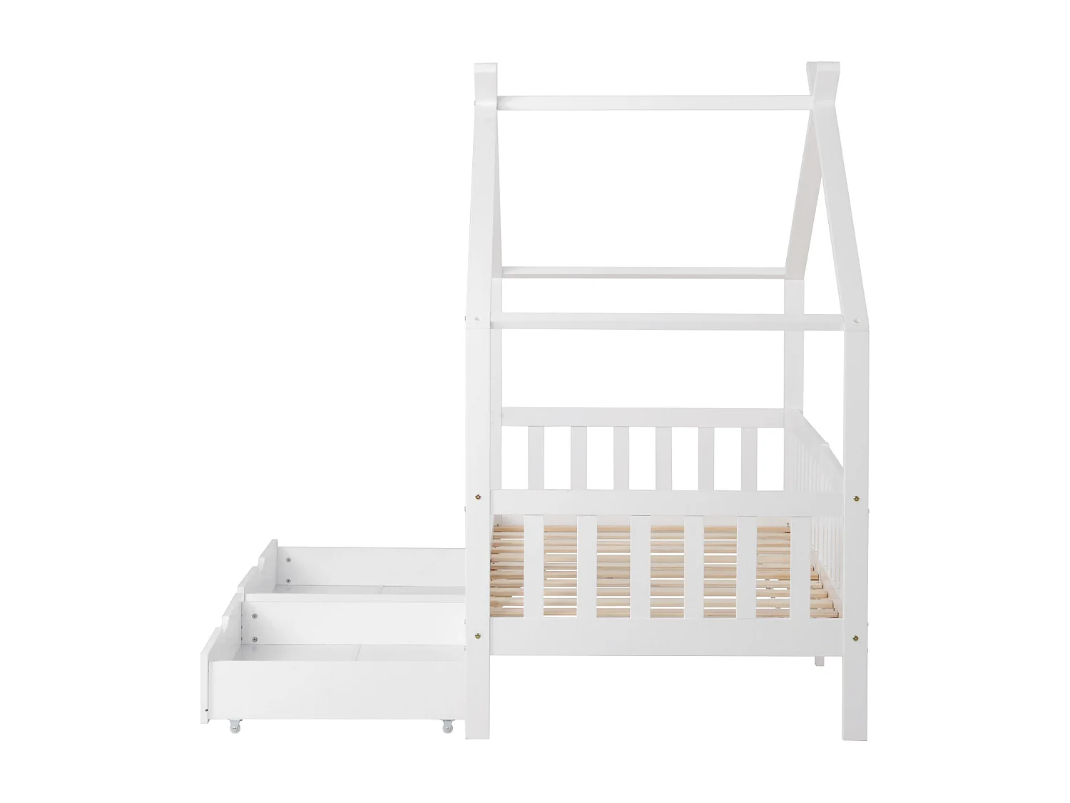 Preciosa cama de casita con cajones, madera maciza, valla, protección anticaídas, color blanco (200x90 cm)