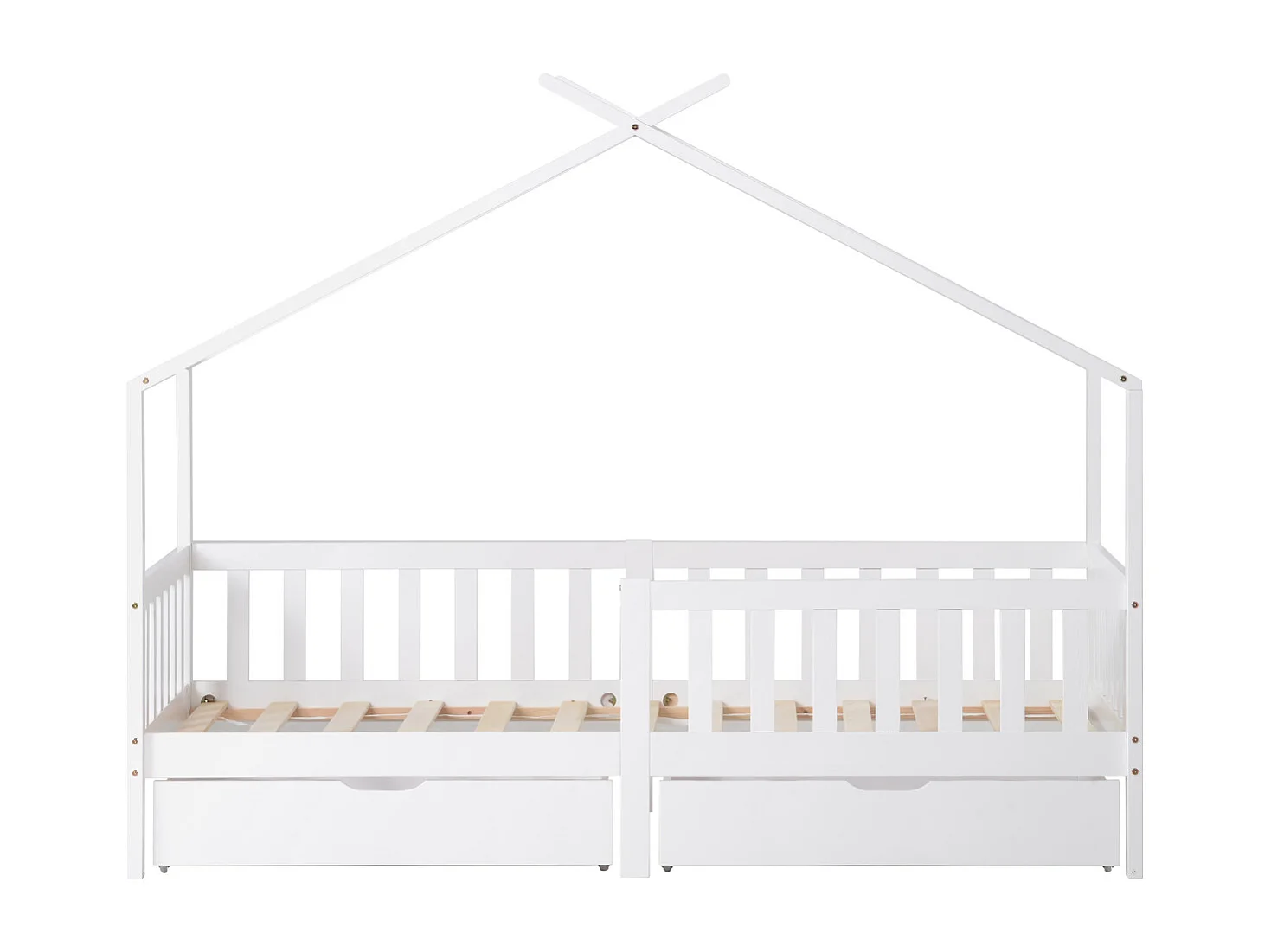 Preciosa cama de casita con cajones, madera maciza, valla, protección anticaídas, color blanco (200x90 cm)