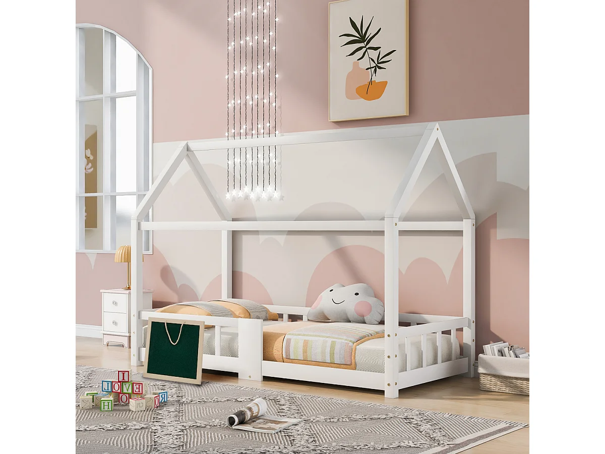 Lit cabane pour enfant 90x200 cm, bois de pin, blanc, avec tableau noir et sommier à lattes (sans matelas)