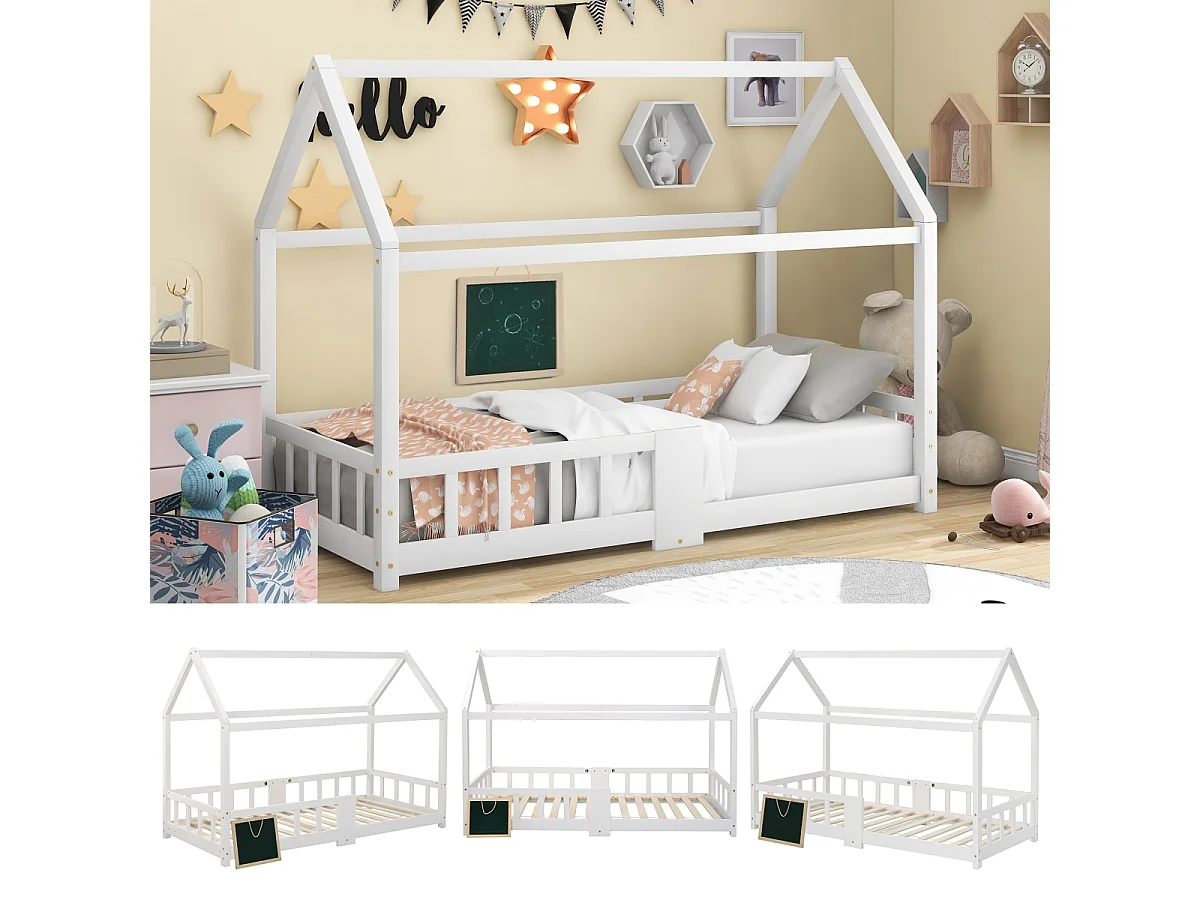 Lit cabane pour enfant 90x200 cm, bois de pin, blanc, avec tableau noir et sommier à lattes (sans matelas)