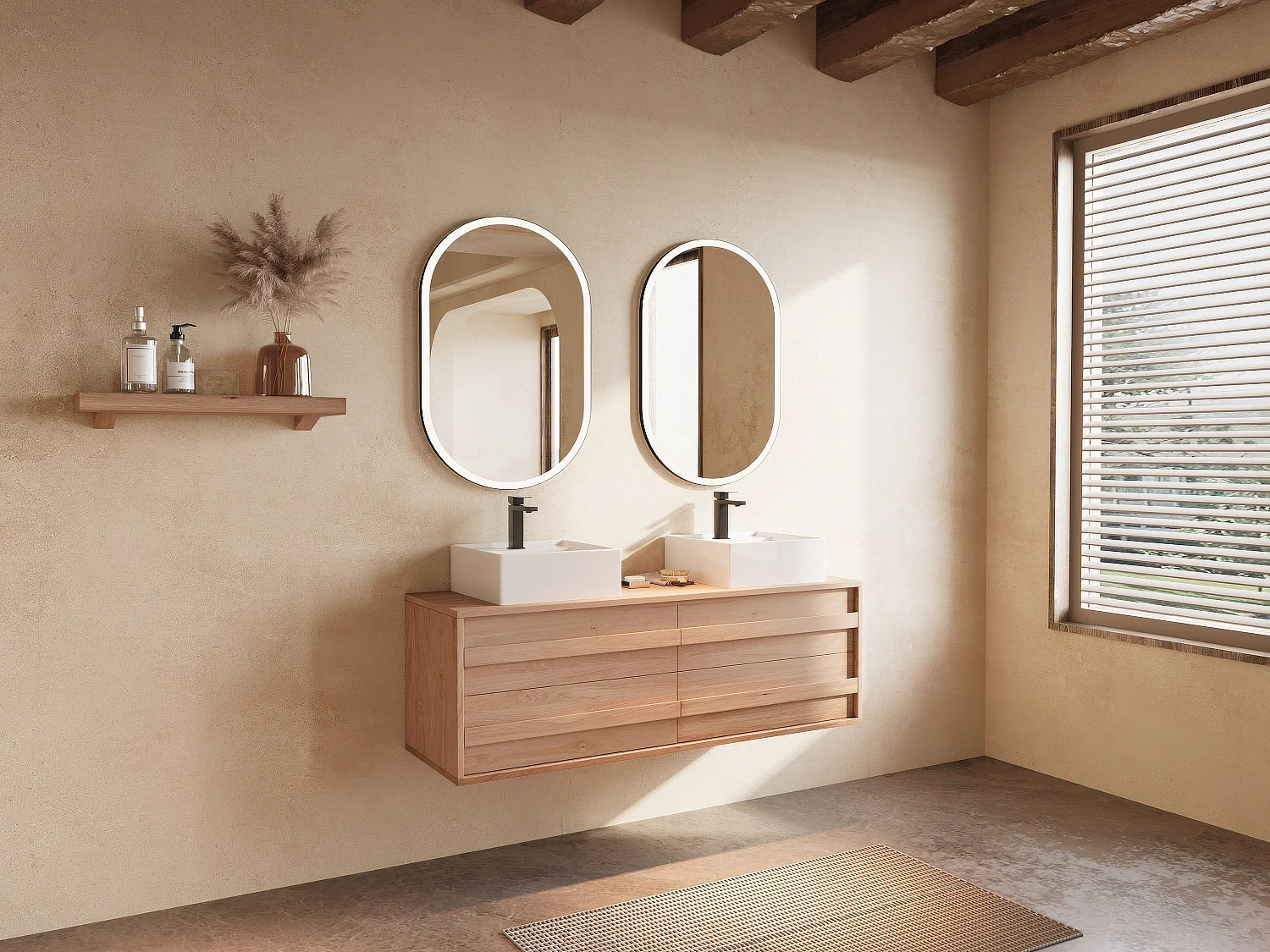 Szafka łazienkowa podwieszana  z litego drewna dębowego z kwadratową umywalką nablatową i kranem - Jasny naturalny - 150 cm - SARLO