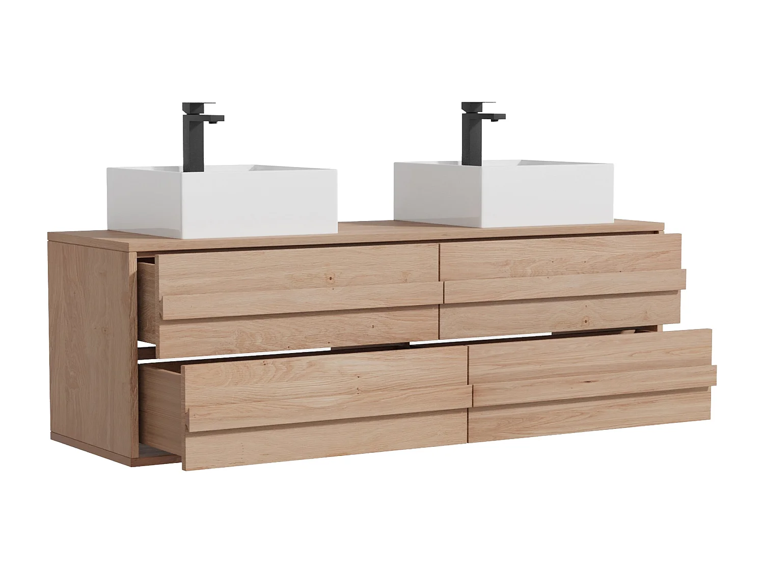 Szafka łazienkowa podwieszana  z litego drewna dębowego z kwadratową umywalką nablatową i kranem - Jasny naturalny - 150 cm - SARLO