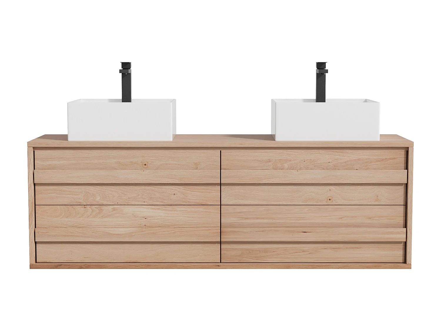 Szafka łazienkowa podwieszana  z litego drewna dębowego z kwadratową umywalką nablatową i kranem - Jasny naturalny - 150 cm - SARLO