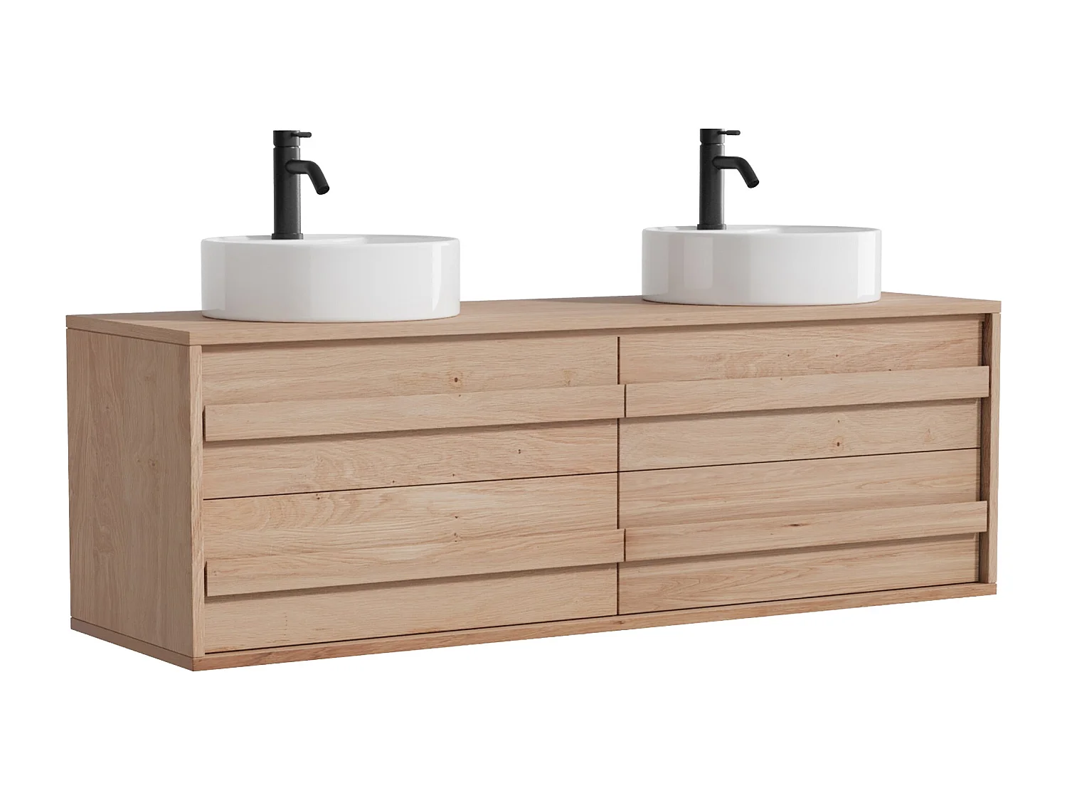 Hängender Unterschrank aus Massivholz Eiche mit rundem Aufsatzbecken und Armatur - Hell Natur - 150 cm - SARLO