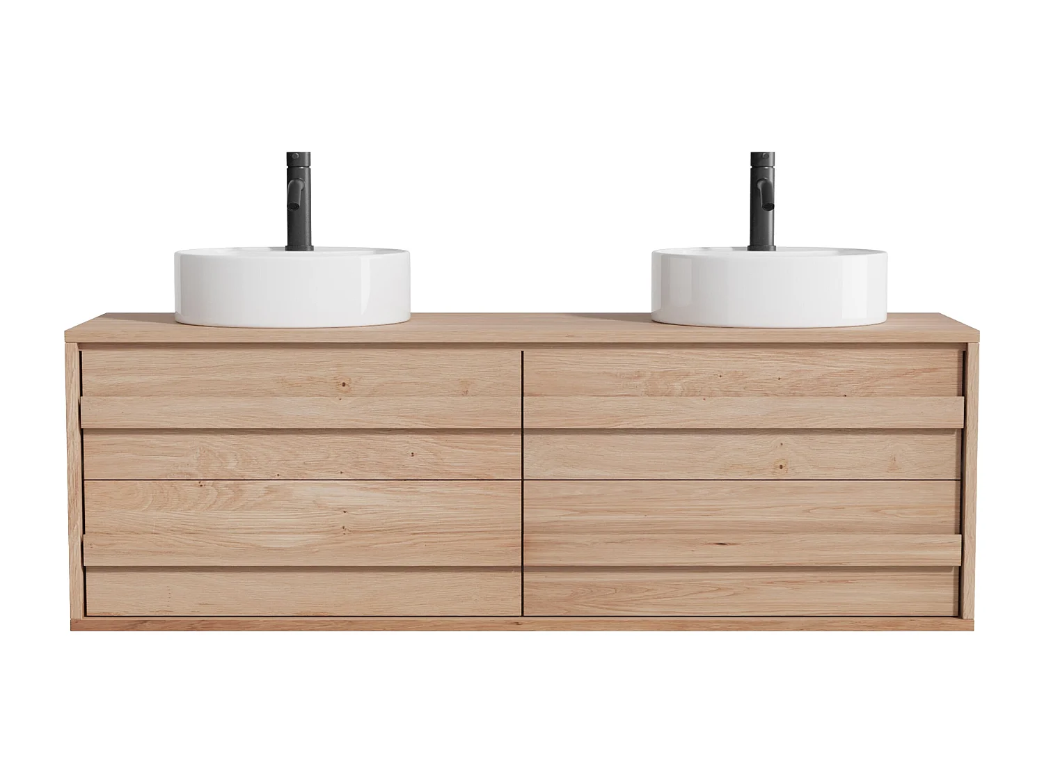 Hängender Unterschrank aus Massivholz Eiche mit rundem Aufsatzbecken und Armatur - Hell Natur - 150 cm - SARLO