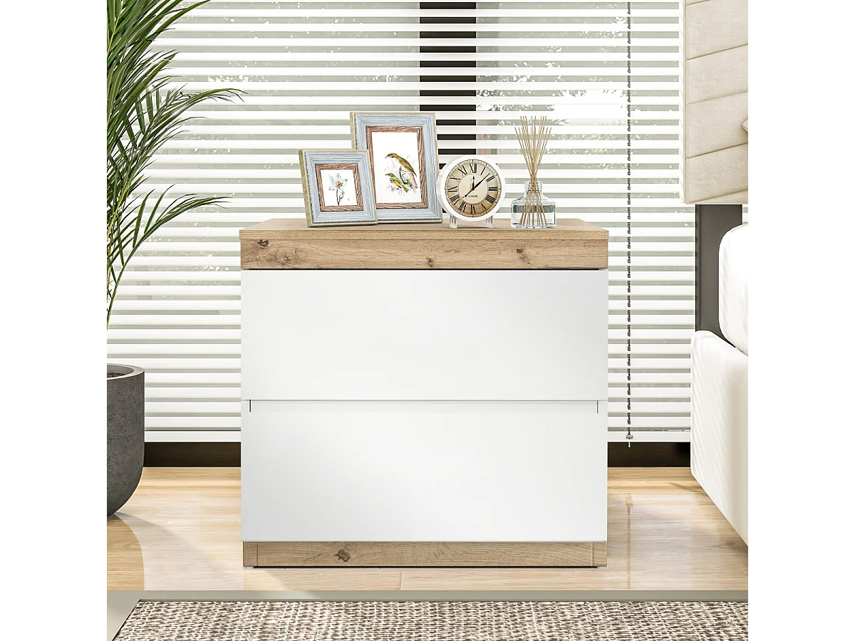 Nachtkastje van wit en eikenhout met twee lades en opbergfunctie.