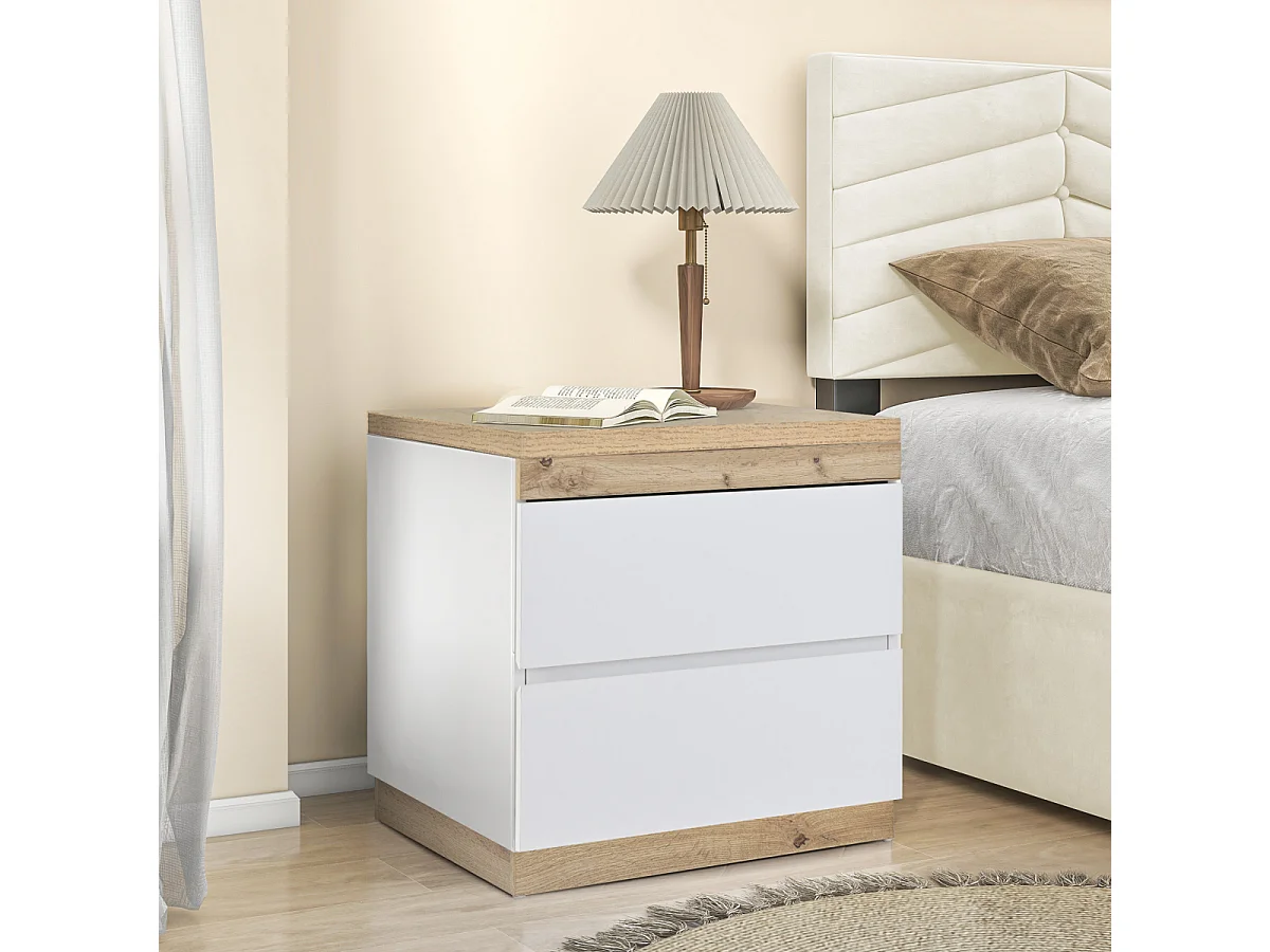 Nachtkastje van wit en eikenhout met twee lades en opbergfunctie.