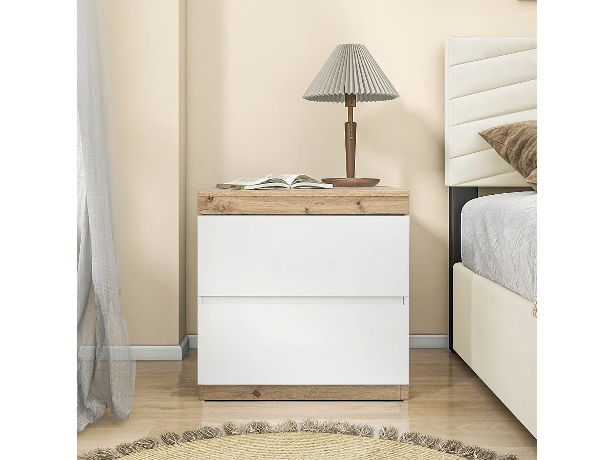Nachtkastje van wit en eikenhout met twee lades en opbergfunctie.