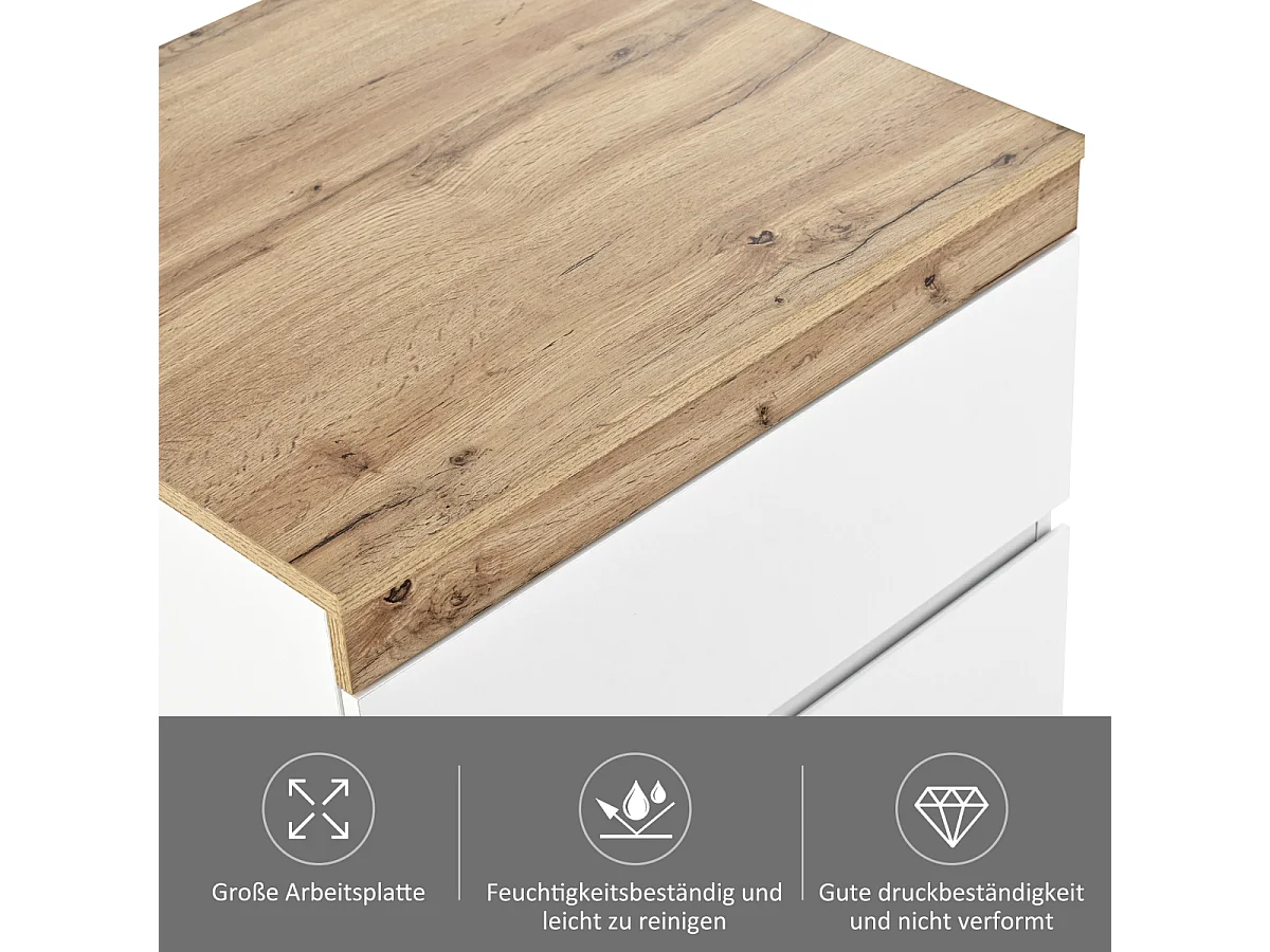 Nachtkastje van wit en eikenhout met twee lades en opbergfunctie.