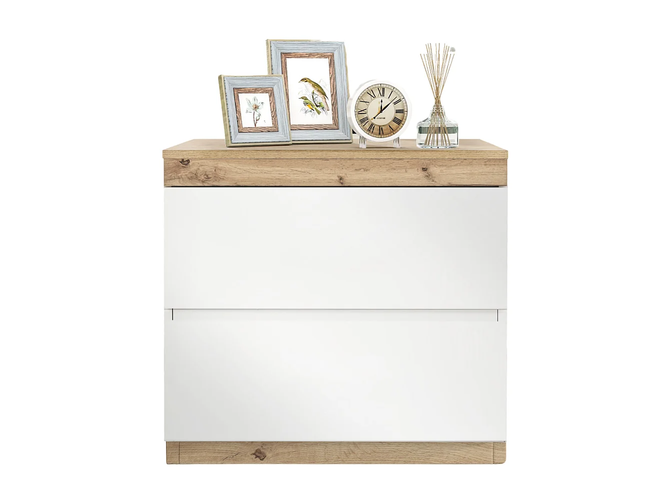 Nachtkastje van wit en eikenhout met twee lades en opbergfunctie.