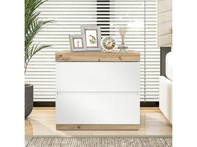 Nachtkastje van wit en eikenhout met twee lades en opbergfunctie.