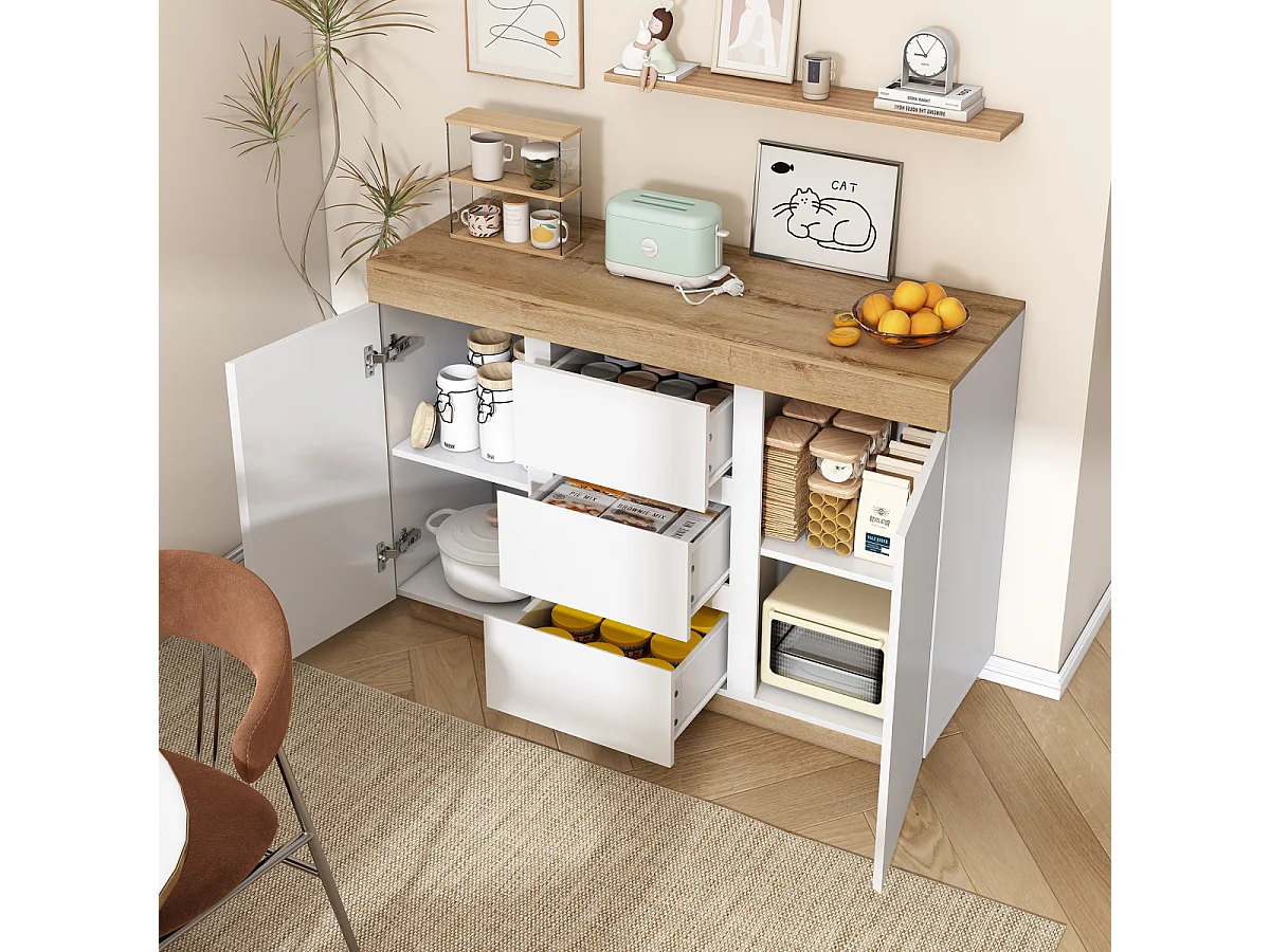 Witte en eikenhouten ladekast met 3 laden, 2 deuren en opbergfunctie voor slaapkamer/woonkamer