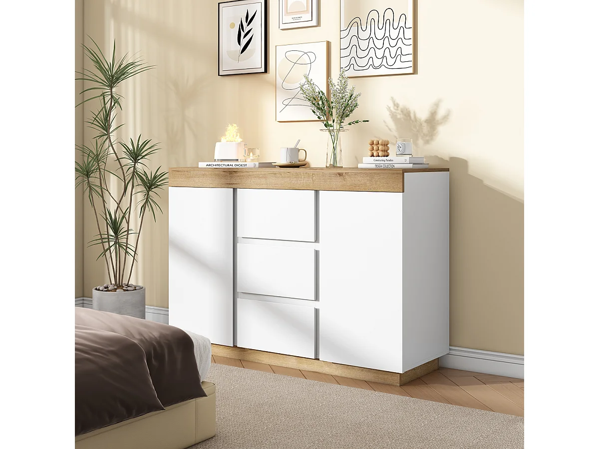 Witte en eikenhouten ladekast met 3 laden, 2 deuren en opbergfunctie voor slaapkamer/woonkamer
