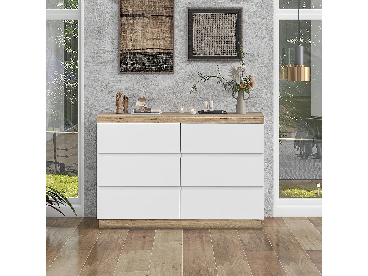 Afsluitbare ladekast met 6 laden en opbergruimte - Wit + Eiken