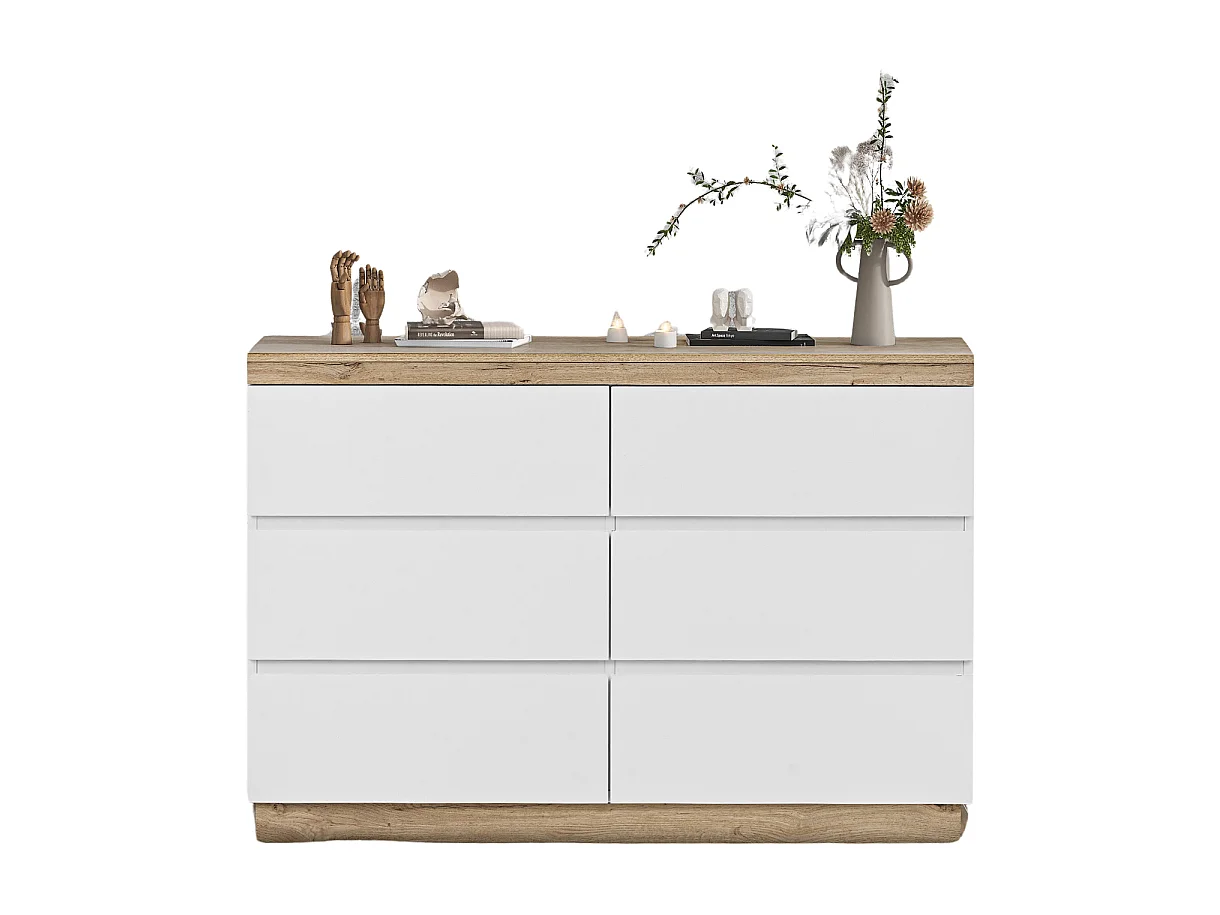 Commode à 6 tiroirs verrouillable avec rangement - Blanc + Chêne