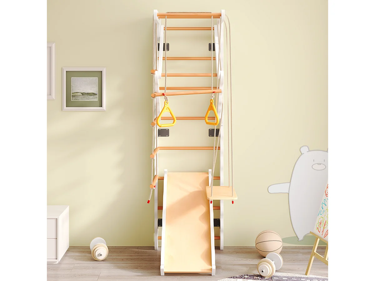 Struttura da arrampicata multifunzionale 6 in 1 con scivolo, altalena, scala, barra per trazioni e anelli. (Max 50 kg)