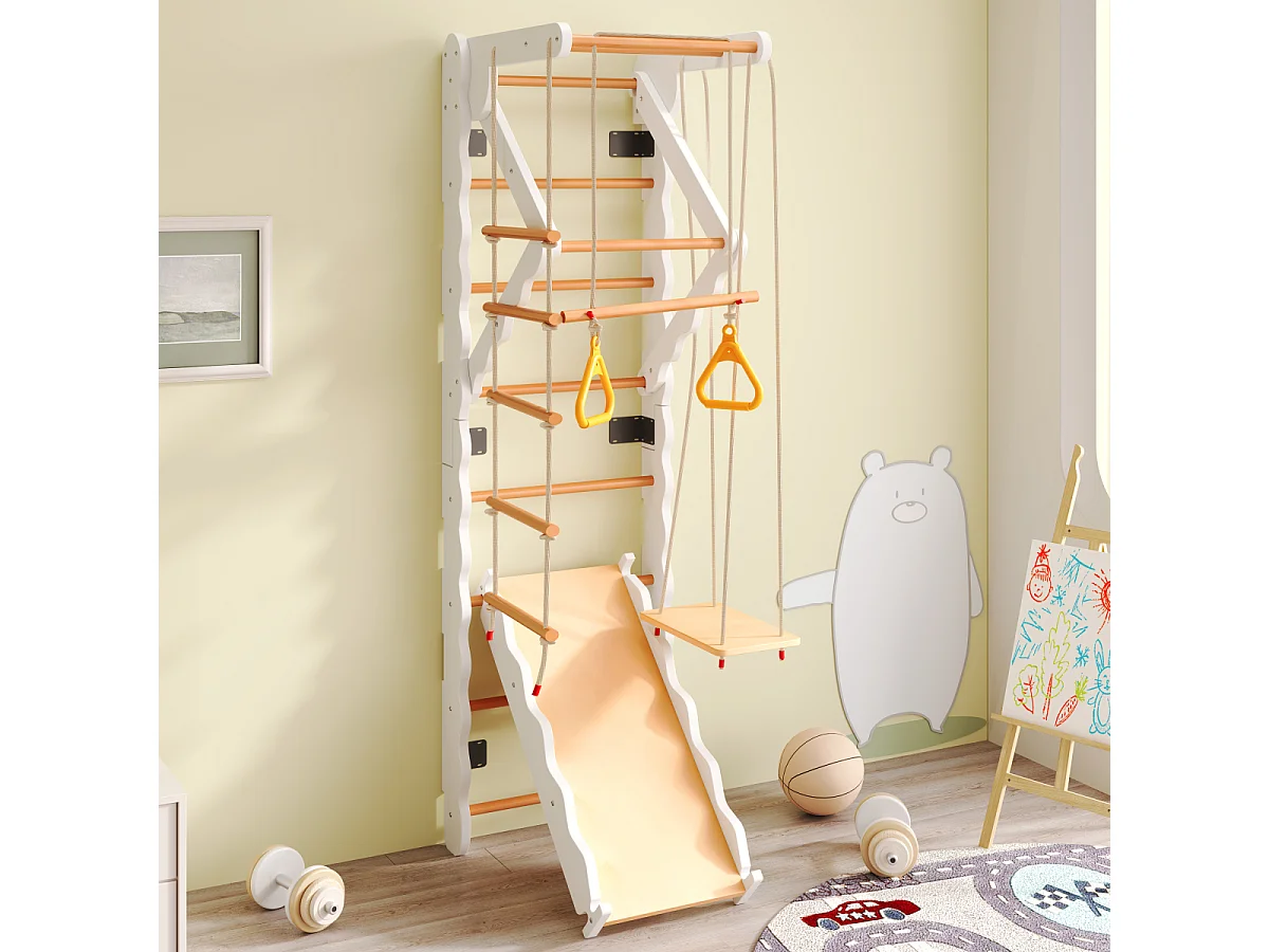 Struttura da arrampicata multifunzionale 6 in 1 con scivolo, altalena, scala, barra per trazioni e anelli. (Max 50 kg)