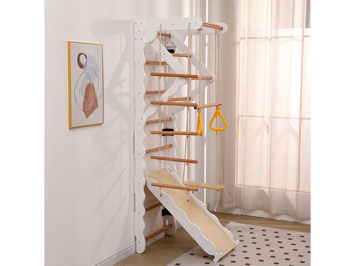 Struttura da arrampicata multifunzionale 6 in 1 con scivolo, altalena, scala, barra per trazioni e anelli. (Max 50 kg)