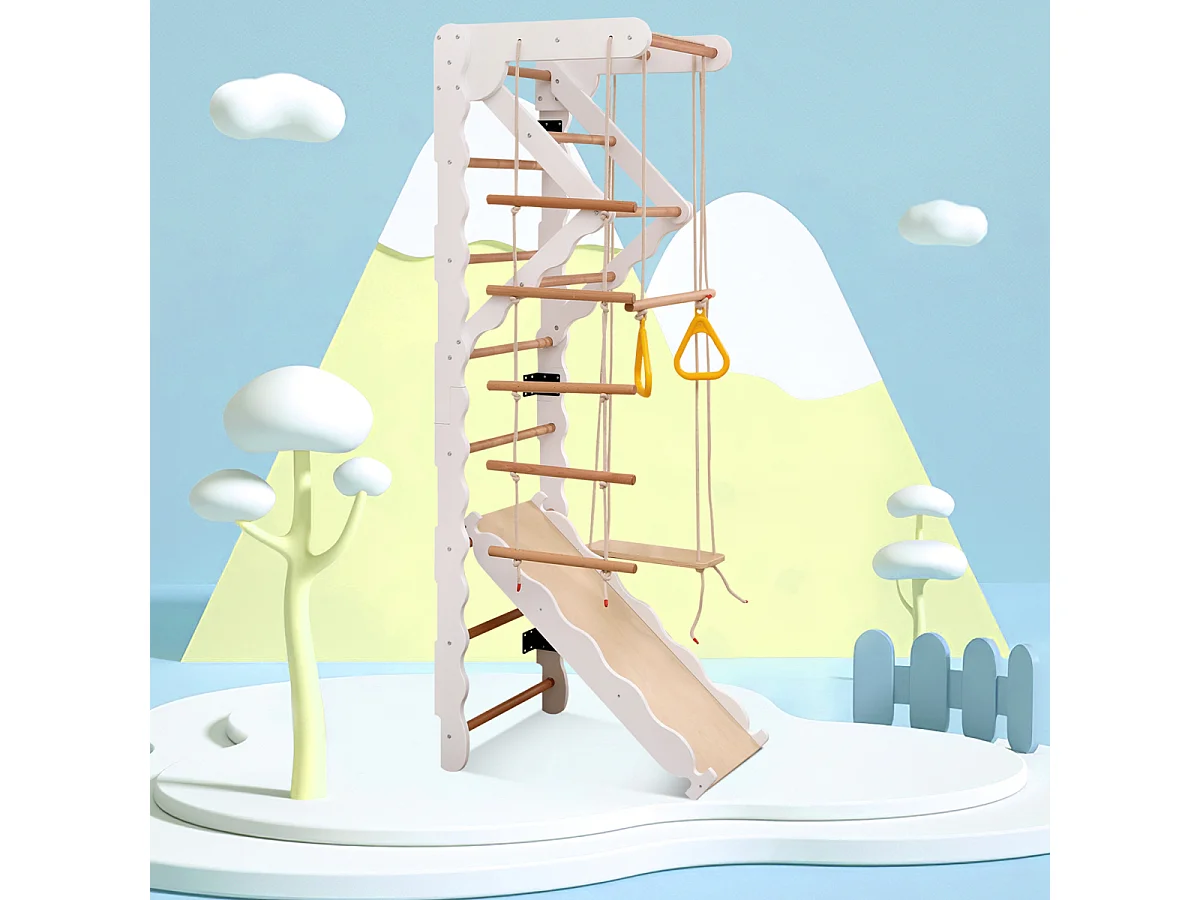 Struttura da arrampicata multifunzionale 6 in 1 con scivolo, altalena, scala, barra per trazioni e anelli. (Max 50 kg)