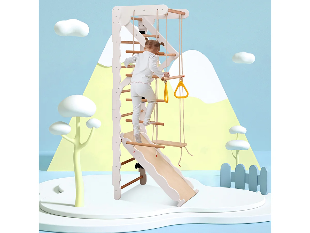 Struttura da arrampicata multifunzionale 6 in 1 con scivolo, altalena, scala, barra per trazioni e anelli. (Max 50 kg)