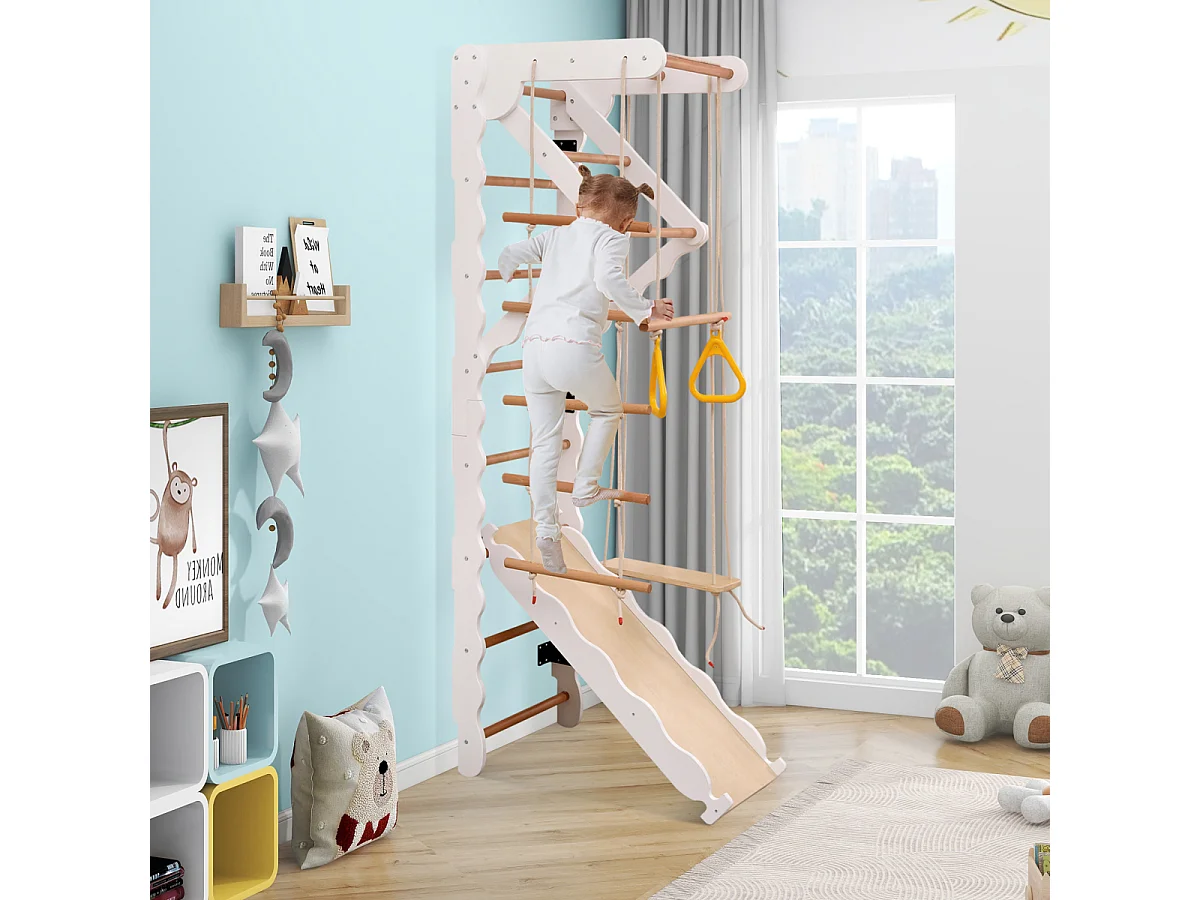 Struttura da arrampicata multifunzionale 6 in 1 con scivolo, altalena, scala, barra per trazioni e anelli. (Max 50 kg)