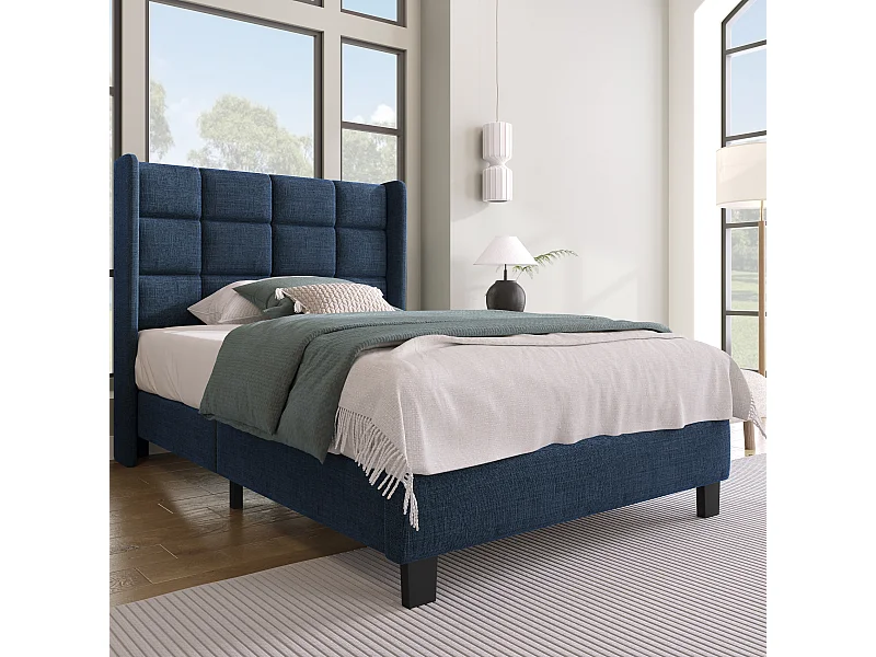 Modern blauw linnen gestoffeerd eenpersoonsbed (90x200cm, lattenbodem, medium-stevig)