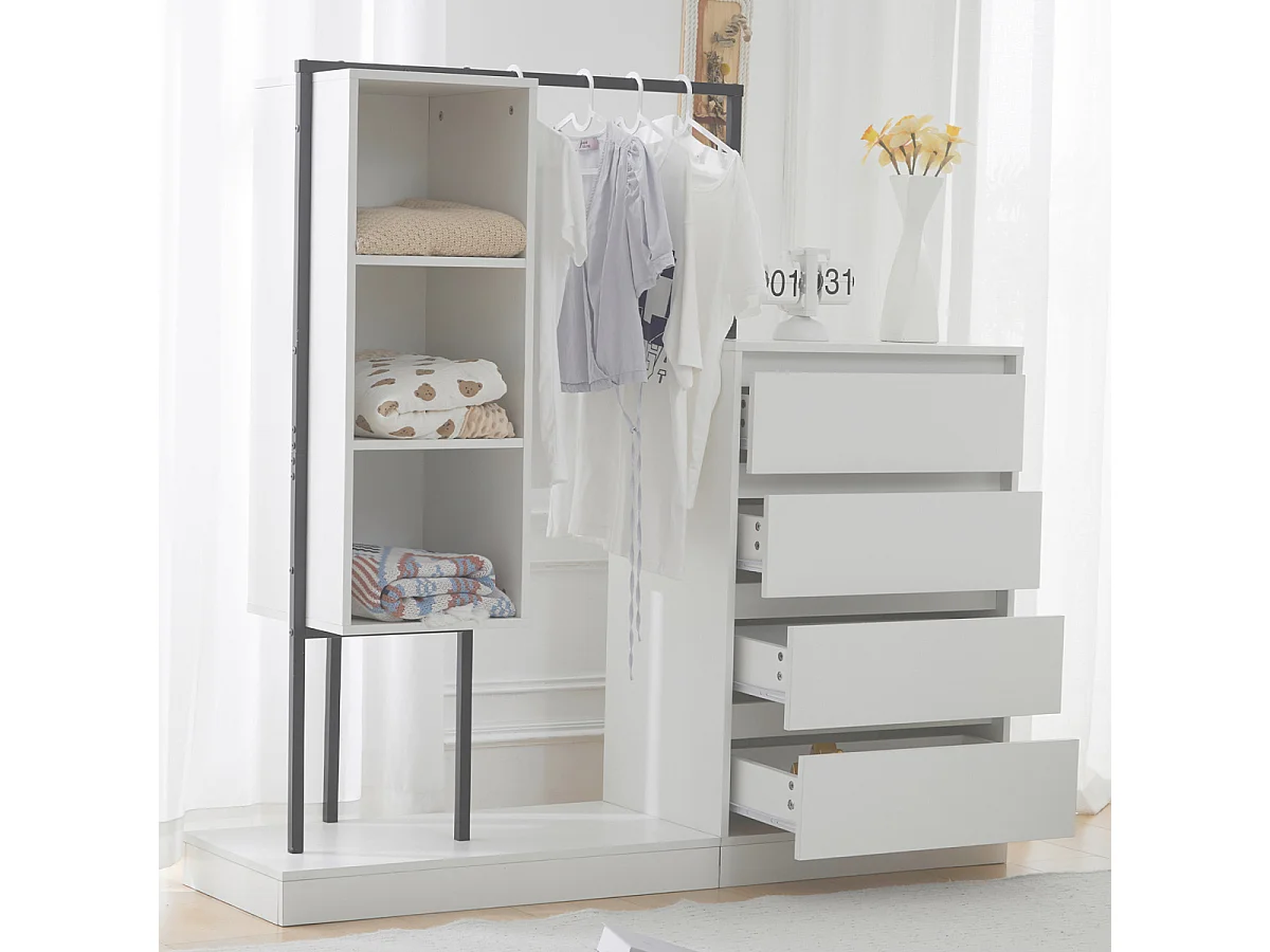 Witte kledingkast met lades, dressoir, kledingroede, 140x40x135cm.