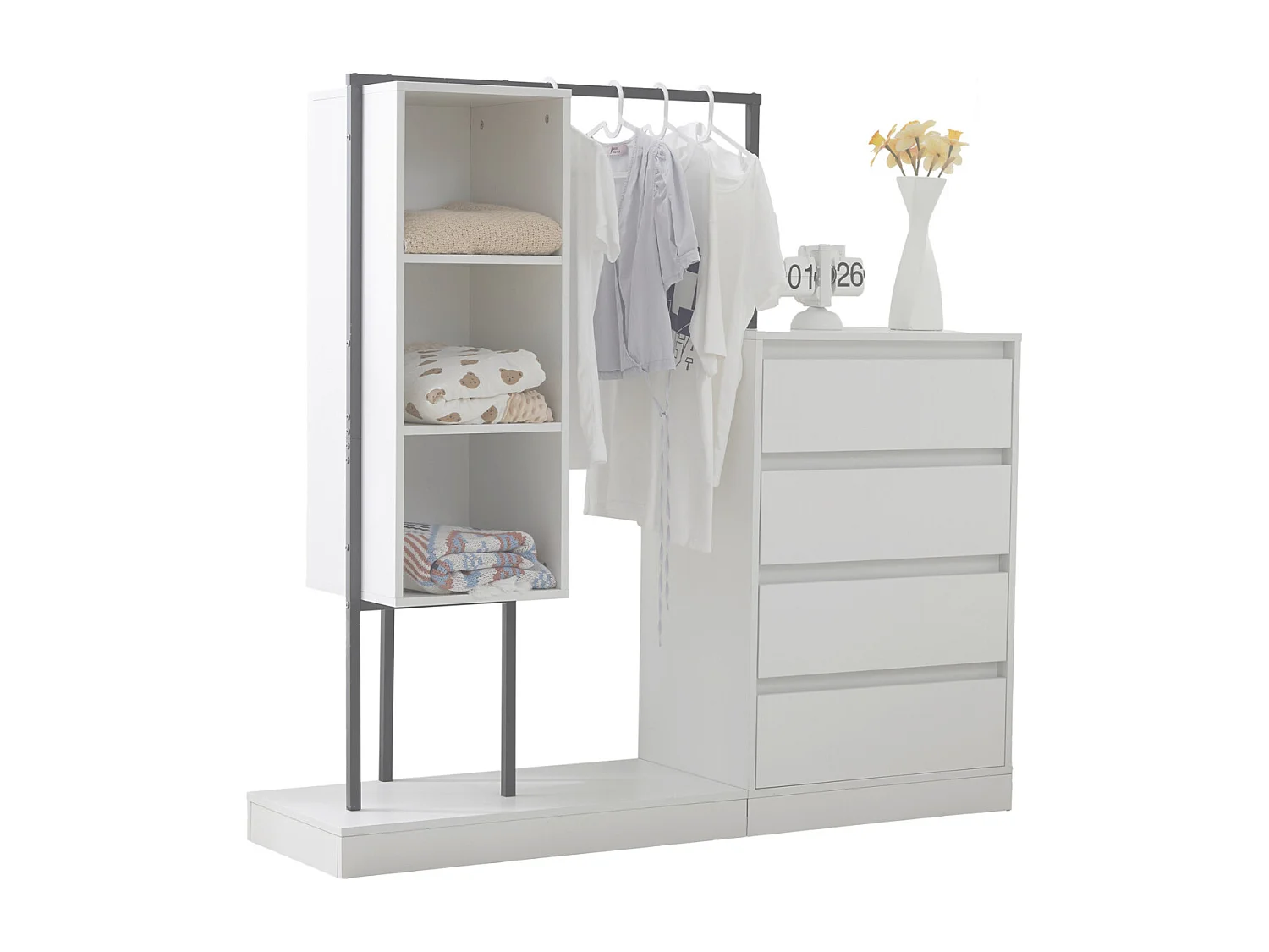 Witte kledingkast met lades, dressoir, kledingroede, 140x40x135cm.