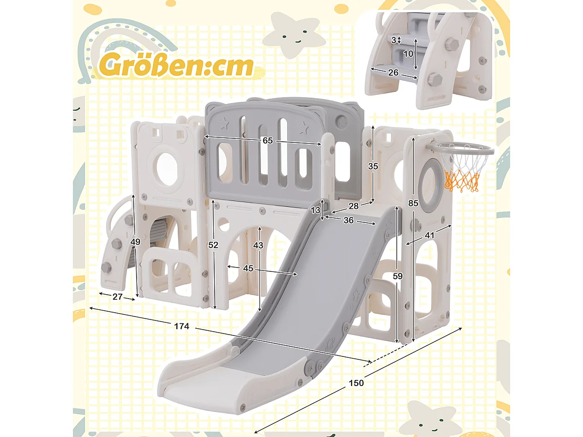 Bear Cub 6-in-1 glijbaan met glijbaan, twee platforms, twee opbergdozen, basketbalring en ladder - HDPE