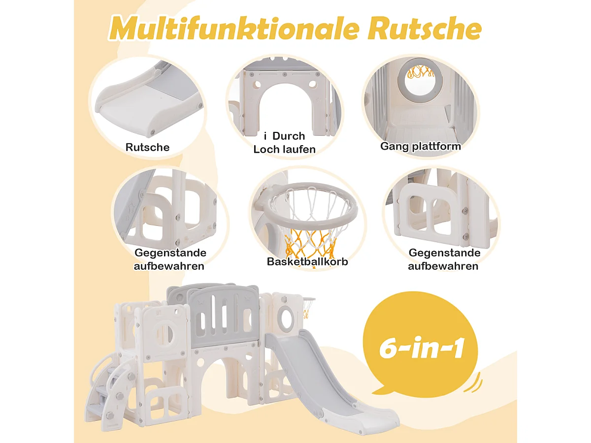 Bear Cub 6-in-1 glijbaan met glijbaan, twee platforms, twee opbergdozen, basketbalring en ladder - HDPE