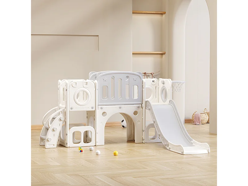 Bear Cub 6-in-1 glijbaan met glijbaan, twee platforms, twee opbergdozen, basketbalring en ladder - HDPE
