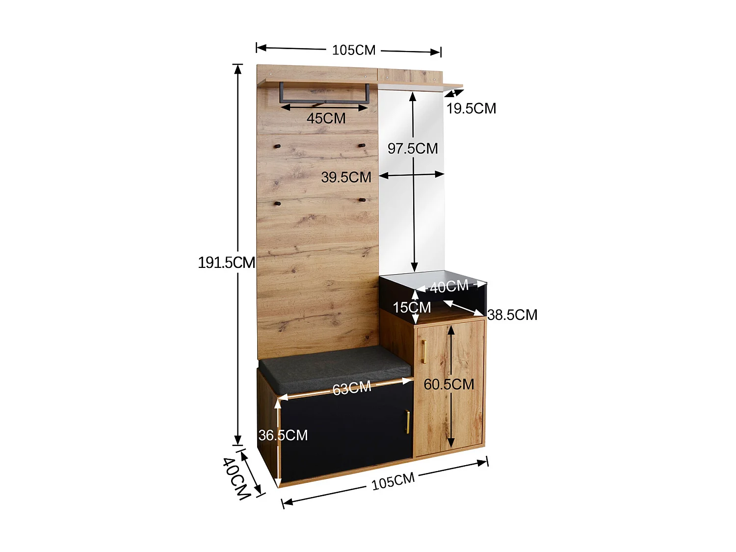 Garderobeset met 4 haken, spiegel, schoenenkast, wandrek, plank, bank. (Boren vereist)