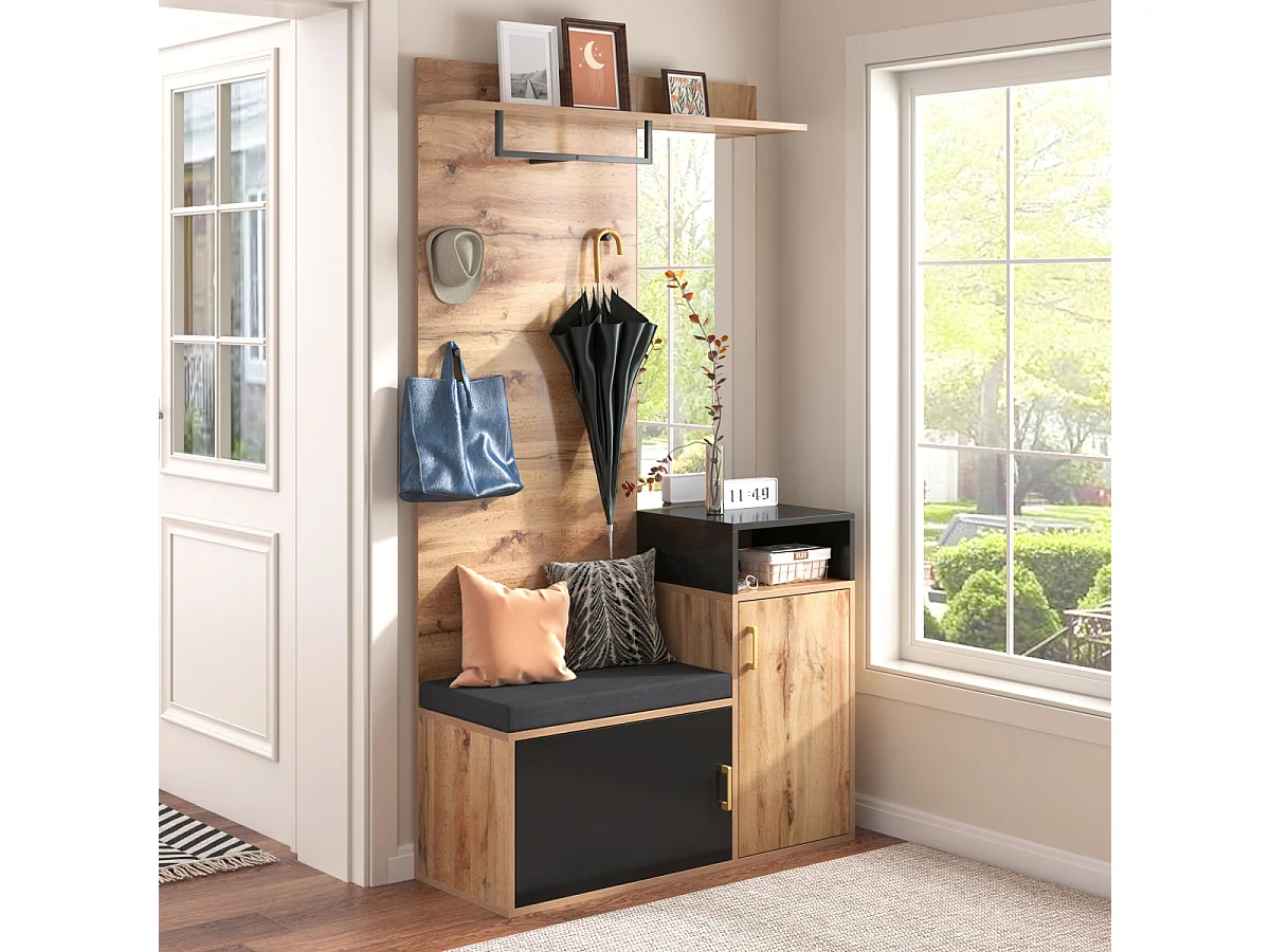 Garderobeset met 4 haken, spiegel, schoenenkast, wandrek, plank, bank. (Boren vereist)